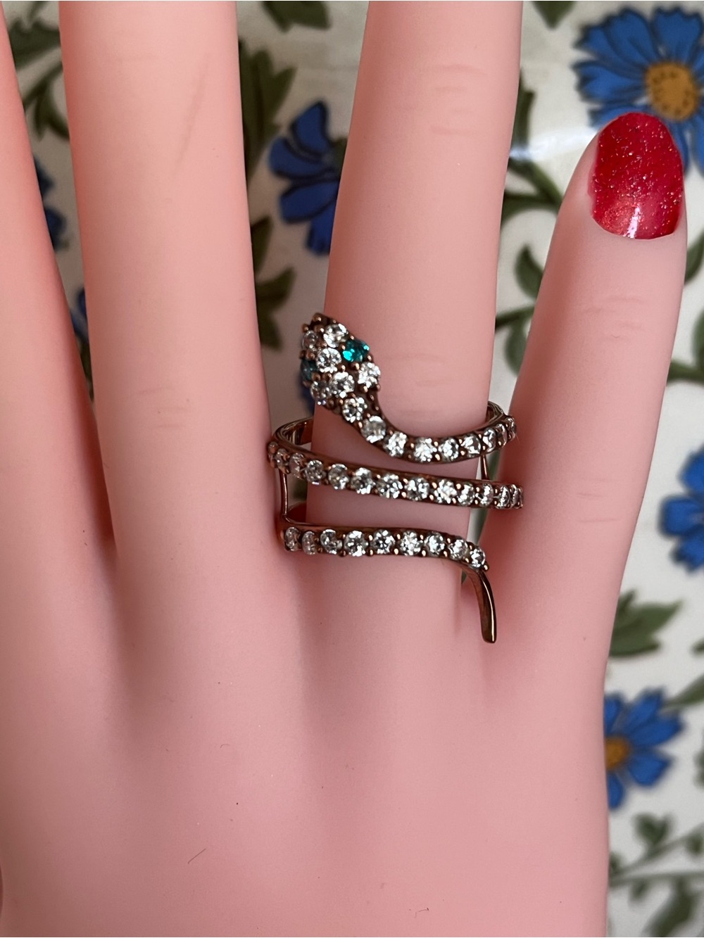 Crystal Snake Wrap Ring in Silver with Teal Accent. Size 8